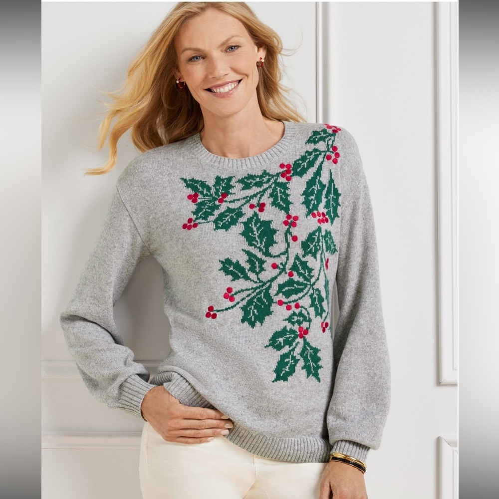 Talbots Holly Intarsia Holly Print Crewneck Pullover Sweater Size MP